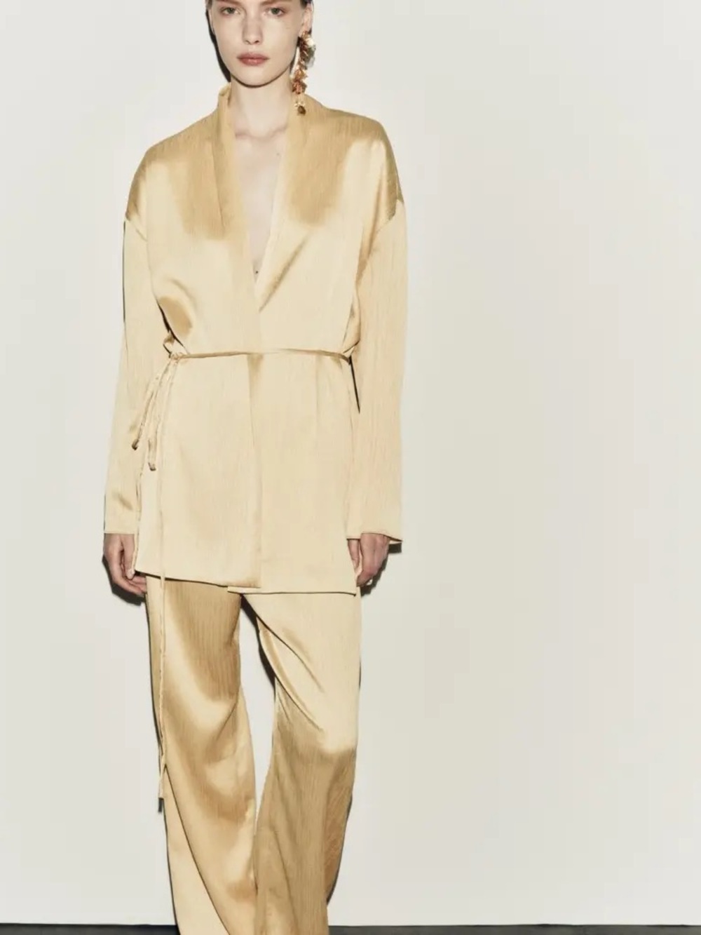 Zara Yellow Pleated Kimono and Wide Leg Pants Set